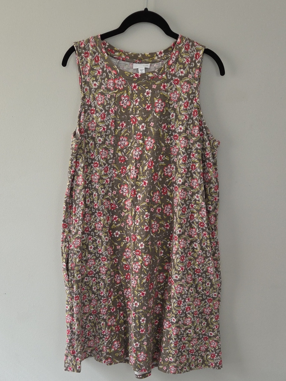 J. Jill Olive Green Floral Sleeveless Dress with Pink & White Flowers